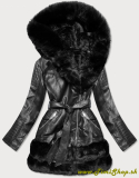 Kožená bunda s kapucňou - Čierna