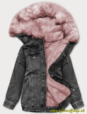 Riflová bunda s kožušinkou - Čierna-ružova