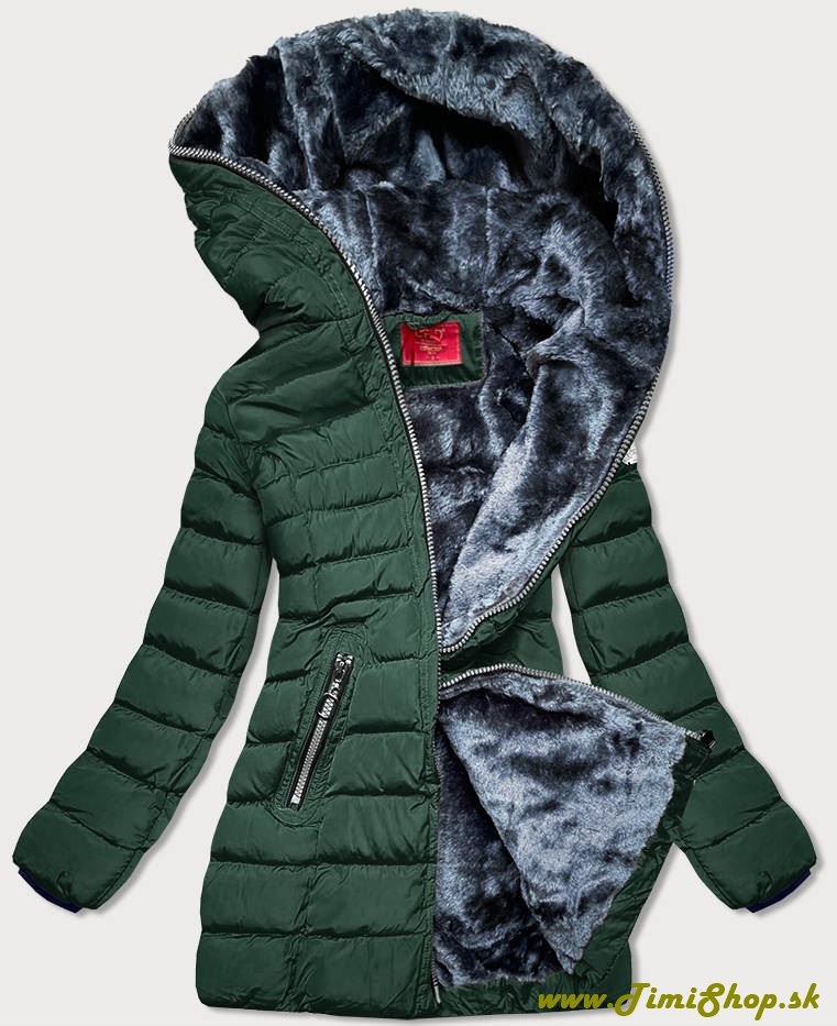 Prešívaná zimná bunda so zipsom okolo kapucne - Zelena