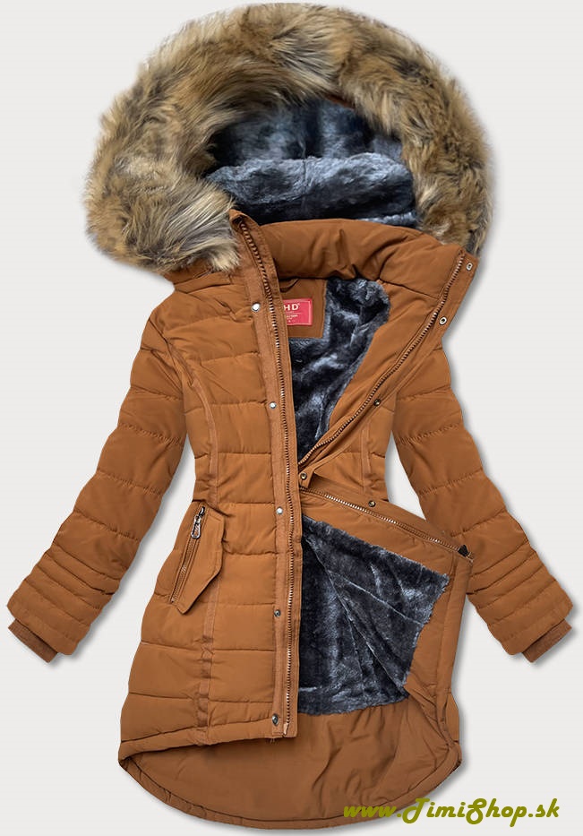 Asymetrická zimná bunda zipsy na rukávoch - Hneda