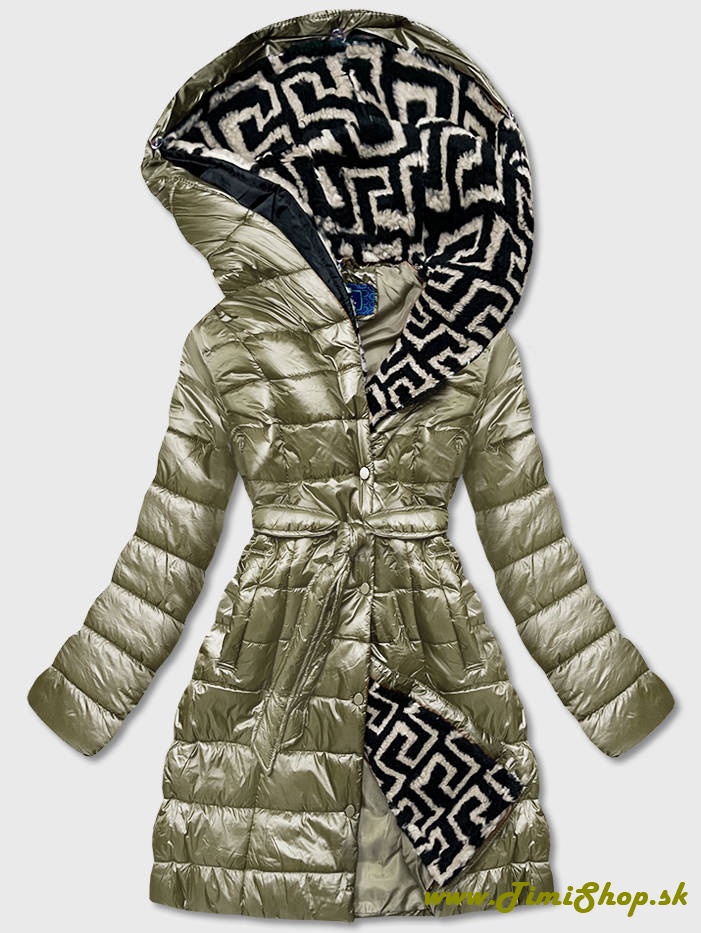 Metalická zimná bunda zateplená kapucňa - Khaki