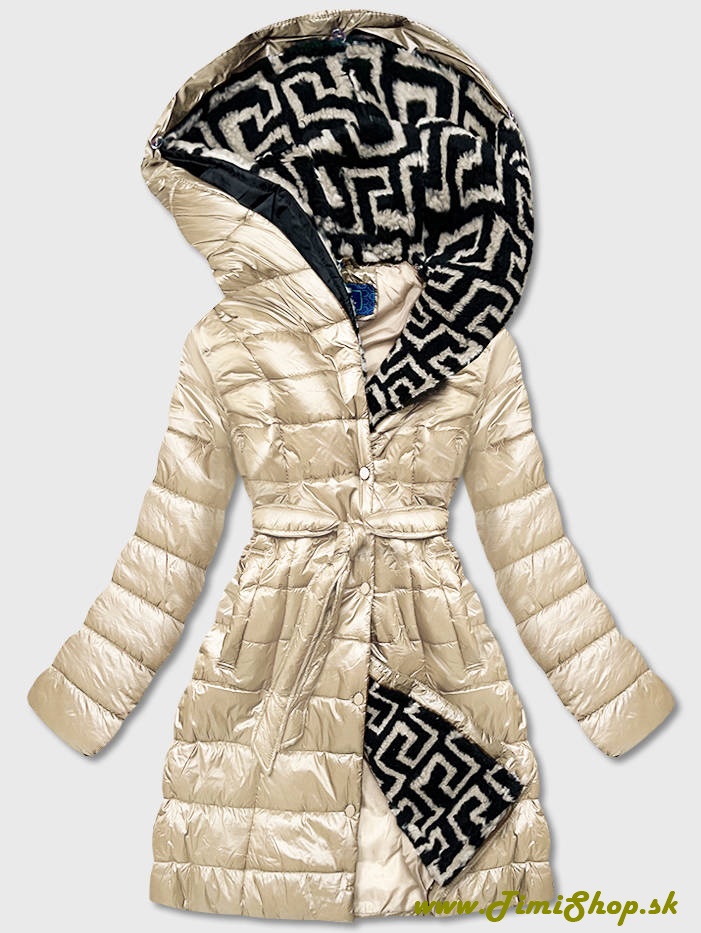 Metalická zimná bunda zateplená kapucňa - Béžova