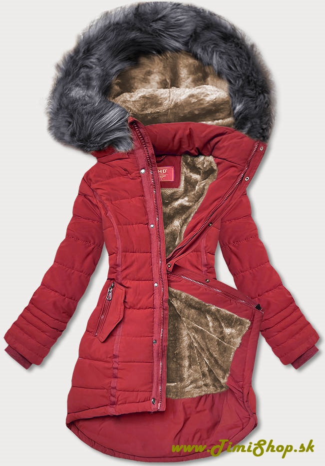 Asymetrická zimná bunda zipsy na rukávoch - Tm.červena