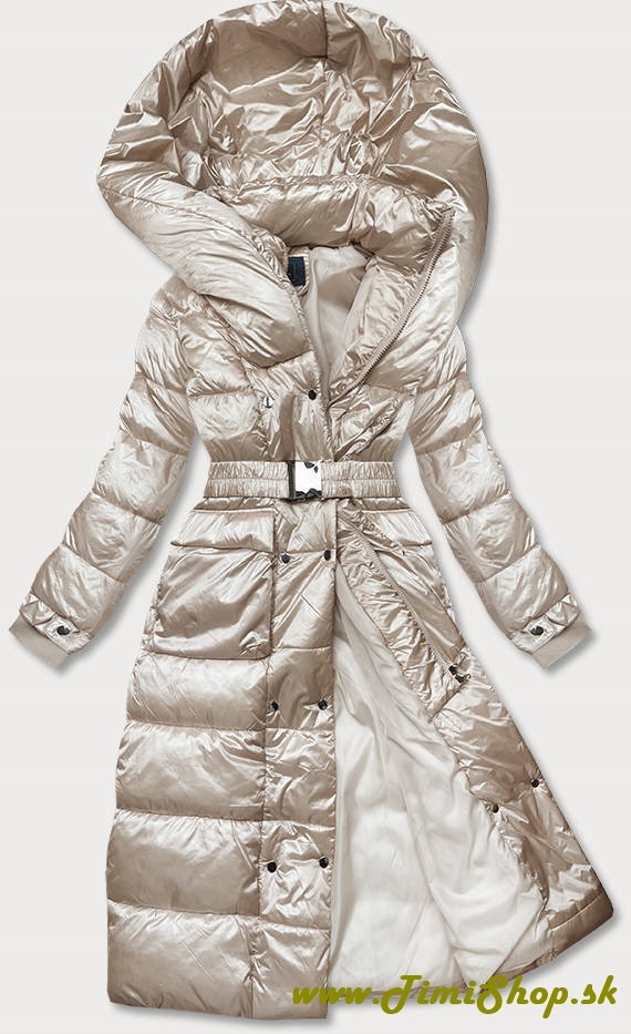 Dlhá zimná bunda s opaskom - Béžova