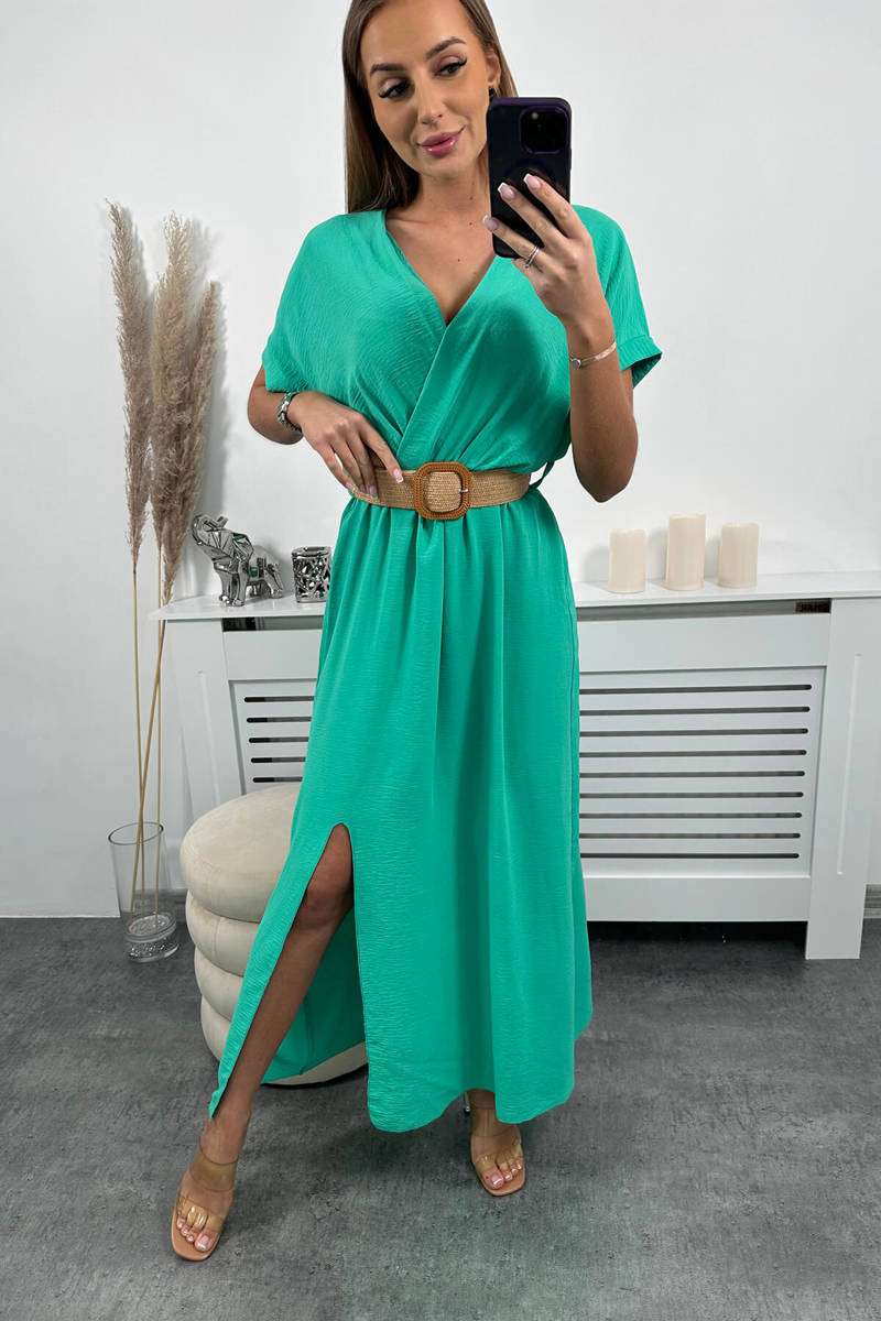 Dlhé šaty s ozdobným opaskom - Zelena
