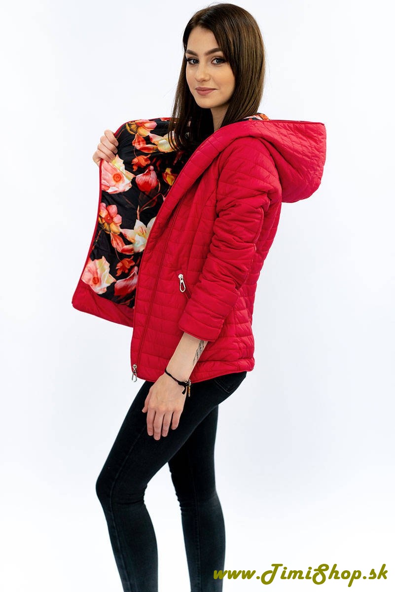 Prešívaná bunda s kvetovanou podšívkou - Červena