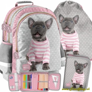 Školský batoh 3v1 Bulldog - Siva-ružova
