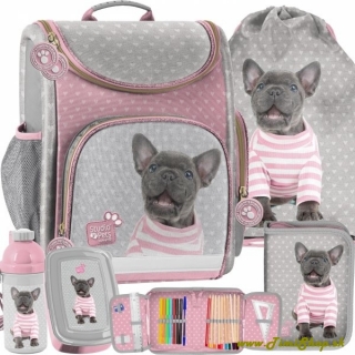 Školská taška/aktovka 5v1 Bulldog - Siva-ružova