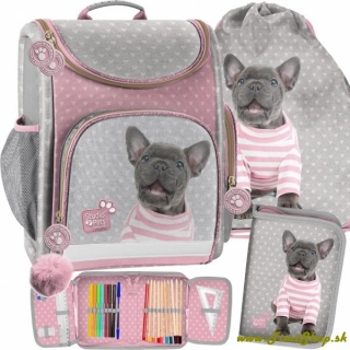 Školská taška/aktovka 3v1 Bulldog - Siva-ružova