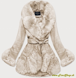 Elegantná kožena bunda s kožušinou - Béžova