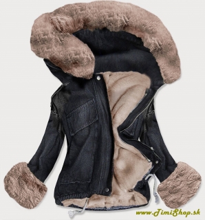 Dámska riflová bunda s kožušinovou podšívkou - Čierna-béžova