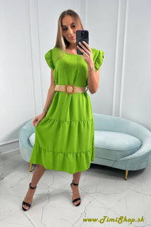 Šaty s volánmi a ozdobným opaskom - Neon zelena
