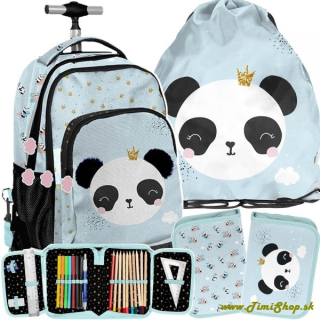Školský batoh na kolieskach 3v1 Panda - Siva