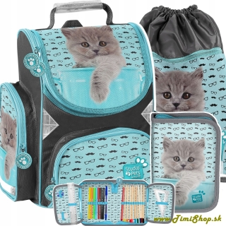 Školská taška/aktovka 3v1 Britská mačka - Sivo-modra