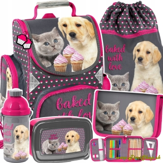 Školská taška/aktovka 5v1 Labrador a mačiatko - Siva