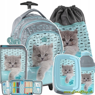 Školský batoh na kolieskách 5v1 Britská mačka - Siva